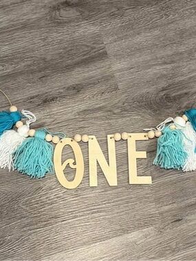 Ocean Wave Big "ONE" Banner with Teal & White Tassels